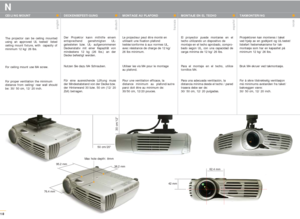 Page 1818
english
deutsch
francais
español
norsk
N
DECKENBEFESTIGUNG
Der Projektor kann mithilfe einem
entsprechend genehmigten UL-
getesteten bzw. UL- aufgenommenen
Deckenstativ mit einer Kapazität von
mindestens 12 kg (26 lbs.) an der
Decke befestigt werden. 
Nutzen Sie dazu M4 Schrauben.
Für eine ausreichende Lüftung muss
der Mindestabstand von der Decke bzw.
der Hinterwand 30 bzw. 50 cm (12/ 20
Zoll) betragen.
MONTAJE EN EL TECHO
El proyector puede montarse en el
techo utilizando un dispositivo de 
montaje...