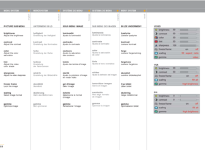 Page 22english
deutsch
francais
español
norsk
22
VIDEO
VGA
DVI
MENU SYSTEM
PICTURE SUB MENU
brightness
Adjust the brightness 
contrast
Adjust the contrast
color
Adjust the color 
saturation
tint
Adjust the video 
color shade
sharpness
Adjust the video sharpness
freeze frame
Lock the image
scaling
Select image format
gamma
Optimize image
MENÜSYSTEM
UNTERMENÜ BILD 
helligkeit 
Einstellung der Helligkeit
kontrast
Einstellung des Kontrastes
farbe
Einstellung der Farbe
farbton
Einstellung 
der Farbnuancen
schärfe...