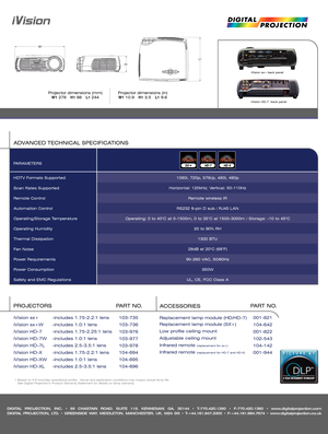 Page 2DIGITAL PROJECTION, INC. • 55 CHASTAIN ROAD. SUITE 115. KENNESAW. GA. 30144 • T-770.420.1350 • F-770.420.1360 • www.digitalprojection.com
DIGITAL PROJECTION, LTD. • GREENSIDE WAY. MIDDLETON. MANCHESTER. UK. M24 IXX • T-+44.161.947.3300 • F-+44.161.684.7674 • www.digitalprojection.co.uk
Projector dimensions (mm)
W1278   H188   L1244Projector dimensions (in)
W110.9   H13.5   L19.6 
HDTV Formats Supported
Scan Rates Supported
Remote Control
Automation Control
Operating/Storage Temperature
Operating...