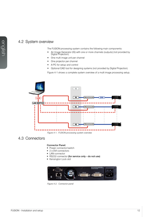 Page 12english
12FUSION - Installation and setup
4.2 System overview
The FUSION processing system contains the following main components:
•	An Image Generator (IG) with one or more channels (outputs) (not provided by  Digital Projection).
•	One multi image unit per channel
•	One projector per channel
•	A PC for setup and control
•	Optional CAD tool for designing systems (not provided by Digital Projection)
Figure 4-1 shows a complete system overview of a multi image processing setup.
Figure 4-1.  FUSION...