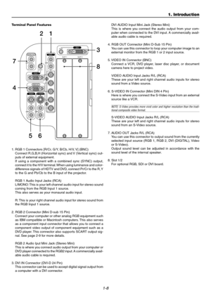 Page 131-8
1. Introduction
AUDIO
AUDIO
AUDIO OUT
R
R/Cr
G/Y
B/Cb
V
H/
   HV
R
L/MONO
R
L/MONO
R
L/MONO L/MONO
SLOT 1 SLOT 2
DVI
RGB OUT
RGB 1
RGB 2
VIDEOS-VIDEO
3
8 1 2
4
56 7
Terminal Panel Features
1. RGB 1 Connectors [R/Cr, G/Y, B/Cb, H/V, V] (BNC)
Connect R,G,B,H (Horizontal sync) and V (Vertical sync) out-
puts of external equipment.
If using a component with a combined sync (SYNC) output,
connect it to the H/V terminal. When using luminance and color-
difference signals of HDTV and DVD, connect Pr/Cr to...