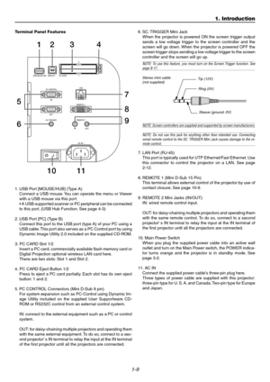 Page 141-9
USB (MOUSE/HUB)USB (PC)PC CARD2
1
PC CONTROL
IN
IN OUT
OUT SC TRIGGER REMOTE 2REMOTE 1LAN
AC IN 
12 3
7 4
8
9
10 11 5
6
1. USB Port [MOUSE/HUB] (Type A)
Connect a USB mouse. You can operate the menu or Viewer
with a USB mouse via this port.
• A USB-supported scanner or PC peripheral can be connected
to this port. (USB Hub Function. See page 4-3)
2. USB Port [PC] (Type B)
Connect this port to the USB port (type A) of your PC using a
USB cable. This port also serves as a PC Control port by using...