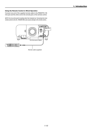 Page 181-13
AUDIO
AUDIOAUDIO OUT
R
R/Cr
G/Y
B/Cb
V
H/
  HV
RL/MONO
RL/MONORL/MONOL/MONO
SLOT 1 SLOT 2DVI
RGB OUT
RGB 1
RGB 2
VIDEOS-VIDEO
USB (MOUSE/HUB)USB (PC)PC CARD2
1
PC CONTROL
IN
IN OUT
OUT SC TRIGGER REMOTE 2REMOTE 1LAN
AC IN 
REMOTE 2 
IN
OFF+-PICTUREADJUSTABC DEFGHI
JKL MNO PQR
STU
,.
UNDO CANCEL
TESTPICTUREKEYSTONE AMPLITUDE ENTRYLISTSOUND OSDMUTE
MAGNIFYHELP INFO.
POSITION AUTOPIXELVWX YZ /WHITE BAL.IMAGEON POWERMENU
ENTER123
456
7
089ADDRESSPROJECTORRGB
LENSSHUTTERBS+-+-
FOCUSZOOMCTLLENS
Using the...