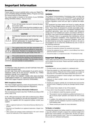 Page 3iii
Important Information
Precautions
Please read this manual carefully before using your Digital Pro-
jection SHOWlite 6000gv/SHOWlite 5000sx+ Projector and keep
the manual handy for future reference.
Your serial number is located on the bottom of your SHOWlite
6000gv/SHOWlite 5000sx+. Record it here:
CAUTION
To turn off main power, be sure to remove the plug
from power outlet.
The power outlet socket should be installed as near
to the equipment as possible, and should be easily
accessible.
CAUTION
TO...