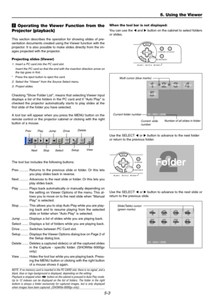 Page 465-3
x Operating the Viewer Function from the
Projector (playback)
This section describes the operation for showing slides of pre-
sentation documents created using the Viewer function with the
projector. It is also possible to make slides directly from the im-
ages projected with the projector.
Projecting slides (Viewer)
1. Insert a PC card into the PC card slot.
Insert the PC card so that the end with the insertion direction arrow on
the top goes in first.
*Press the eject button to eject the card.
2....