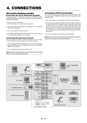 Page 23E – 17
When used in standalone operation
Connecting Your PC Or Macintosh Computer
Connecting your PC or Macintosh computer to THUNDER 10000sx
Projector will enable you to project your computers screen image for an
impressive presentation.
To connect to a PC or Macintosh :
1. Turn off the power to your projector and computer.
2. Use a signal cable (not provided) to connect your PC or Macintosh
computer to the projector.
3. Turn on the projector and the computer.
4. If the projector goes blank after a...