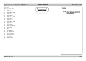 Page 25Digital Projection M-Vision Cine 400 3D seriesWIRING DETAILSConnection Guide
Revision A, May 2012 
HDMI inputs
19 way type A connector
1TMDS Data 2+
2TMDS Data 2 Shield
3TMDS Data 2-
4TMDS Data 1+
5TMDS Data 1 Shield
6TMDS Data 1-
7TMDS Data 0+
8TMDS Data 0 Shield
9TMDS Data 0-
10TMDS Clock+
11TMDS Clock Shield
12TMDS Clock-
13CEC
14not connected
15SCL (DDC Clock)
16SCA (DDC Data)
17DDC/CEC Ground
18+5 V Power
19Hot Plug Detect
Notes
For full details of all input settings, 
see the Main menu section in...