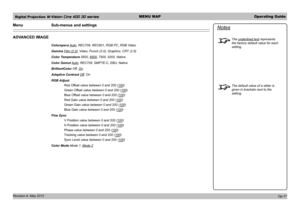 Page 47Digital Projection M-Vision Cine 400 3D seriesMENU MAPOperating Guide
Revision A, May 2012 
Menu     Sub-menus and settings
ADVANCED IMAGE
   Colorspace Auto, REC709, REC601, RGB PC, RGB Video
   Gamma Film (2.2), Video, Punch (2.0), Graphics, CRT (2.5)
   Color Temperature 5500, 6500, 7500, 9300, Native
   Color Gamut Auto, REC709, SMPTE-C, EBU, Native
   BrilliantColor Off, On
   Adaptive Contrast Off, On
   RGB Adjust
    Red Offset value between 0 and 200 (100)
    Green Offset value between 0 and...