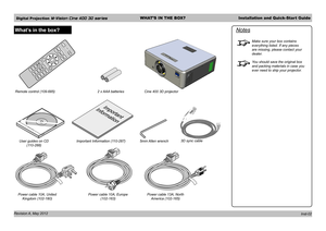 Page 6Digital Projection M-Vision Cine 400 3D seriesWHAT’S IN THE BOX?Installation and Quick-Start Guide
Revision A, May 2012 
What’s in the box?
2PIC
MUTE4
B
SHARPO -SCAN
NR
GAMMA
C-TEMP
TEST
BRI -C
3D
SWAP
3 D
FORMAT
2 D /3 D
ENTER
SOURCE
36
1
ASPECT
RATIO
MENU
USER
MEMORY
C
A
|ON POWER OFF
Notes
Make sure your box contains 
everything listed. If any pieces 
are missing, please contact your 
dealer.
You should save the original box 
and packing materials in case you 
ever need to ship your projector....