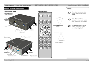 Page 7Digital Projection M-Vision Cine 400 3D seriesGETTING TO KNOW THE PROJECTORInstallation and Quick-Start Guide
Revision A, May 2012 
Getting to know the projectorNotes
The projector uses the standard 
MVision series infra-red remote 
control.
Some of the controls are 
duplicated on the projector control 
panel, as shown on the next page.
For full details of how to use the 
controls and the menu system, 
see the Operating Guide.
Inst-03
Lens shift controls
(under the badge)
Front and rear viewsRemote...