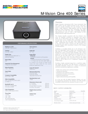 Page 1Digital Projection International (DPI), Texas Instruments’ first 
DLP™ partner and the original innovator of the 3-chip DLP™ 
projector, proudly introduces the new M-Vision Cine 400 
series, a high brightness 1080p platform with the imaging 
fidelity of Texas Instruments’ DLP™ technology. The single-
chip M-Vision Cine 400 series adds a remarkably affordable, 
high-performance series of 1920 x 1080 displays to DPI’s 
already extensive single-chip product line.
The imagery benefits associated with the...