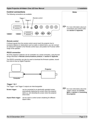 Page 33
Rev B December 2010 Page 2.15
Digital Projection M-Vision Cine LED User Manual 2. Installation

Notes
 
 For more information about pin 
connections and control codes 
see section 6. Appendix.
 For more information about the 
Trigger outputs see Control 
Menu in section 4. Controlling 
the projector.
Control connections
The following connections are available:
remote control
If infrared signals from the remote control cannot reach the projector d\
ue to 
excessive distance or obstructions such as walls...