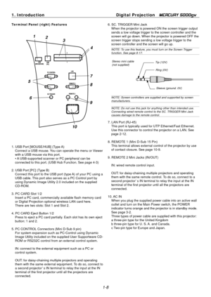 Page 16
1. Introduction Digital Projection   MERCURY 5000gv 
Ter minal Panel (right) Features 
12 
6 
5 
10 
3 
4 
7 
8 
9 
1. USB Port [MOUSE/HUB] (Type A) 
Connect a USB mouse. You can operate the menu or Viewer 
with a USB mouse via this port. 
• A USB-supported scanner or PC peripheral can be 
connected to this port. (USB Hub Function. See page 4-3) 
2. USB Port [PC] (Type B)  Connect this port to the USB port (type A) of your PC using a 
USB cable. This port also serves as a PC Control port by 
using...