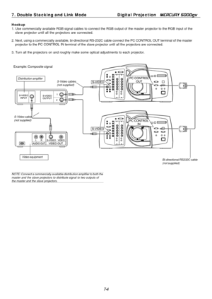 Page 64
7-4
7. Double Stacking and Link Mode
Digital Projection   
MERCURY 5000gv
Hookup
1. Use commercially available RGB signal cables to connect the RGB outpu\
t of the master projector to the RGB input of the
slave projector until all the projectors are connected.
2. Next, using a commercially available, bi-directional RS-232C cable co\
nnect the PC CONTROL OUT terminal of the master projector to the PC CONTROL IN terminal of the slave projector until all\
 the projectors are connected.
3. Turn all the...