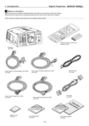 Page 10
1-2
1. Introduction
Digital Projection   
MERCURY 5000gv
1 What's in the Box?
Make sure your box contains everything listed. If any pieces are missing, contact your dealer.
Please save the original box and packing materials if you ever need to ship your Projector.
NOTE: Lenses are optional. Order lenses from your Digital Projection dea\
ler.
User Documentation
(102-537)
Projector
(001-560)
ON
OFF
ENTER
CANCEL
UNDO A
UTO HELP
ON
TEST
ABC1DEF2GHI3JKL4MNO5PQR6STU7VWX8
0YZ /9
POWER
INPUT
OFF
INFO
PIXEL...