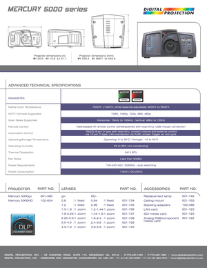 Page 2DIGITAL PROJECTION, INC. • 55 CHASTAIN ROAD. SUITE 115. KENNESAW. GA. 30144 • P-770.420.1350 • F-770.420.1360 • www.digitalprojection.com
DIGITAL PROJECTION, LTD. • GREENSIDE WAY. MIDDLETON. MANCHESTER. UK. M24 IXX • P-+44.161.947.3300 • F-+44.161.684.7674 • www.digitalprojection.co.uk
Native Color Temperature
HDTV Formats Supported
Scan Rates Supported
Remote Control
Automation Control
Operating/Storage Temperature
Operating Humidity
Thermal Dissipation 
Fan Noise
Power Requirements
Power Consumption...