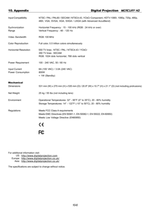 Page 10410-6 10. Appendix Digital Projection   
MERCURY HD
For additional information visit:
US:http://www.digitalprojection.com
Europe:http://www.digitalprojection.co.uk/
Asia:http://www.digitalprojection.co.uk/
The specifications are subject to change without notice. Input CompatibilityNTSC / PAL / PAL60 / SECAM / NTSC4.43, YCbCr Component, HDTV-1080I, 1080p, 720p, 480p,
480I, VGA, SVGA, XGA, SXGA / UXGA (with Advanced AccuBlend)
SychronizationHorizontal Frequency : 15 - 100 kHz (RGB : 24 kHz or over)
Range...