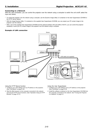 Page 302-10 2. Installation Digital Projection   
MERCURY HD
Connecting to a Network
With the LAN connection, you can control the projector over the network using a computer to switch the unit on/off, select the
input and others.
* To control the projector over the network using a computer, use the Dynamic Image Utility 2.0 contained on the User Supportware CD-ROM or
the HTTP Server feature.
* With the Image Express Utility 1.0 contained on the supplied User Supportware CD-ROM, you can project your PC screen...