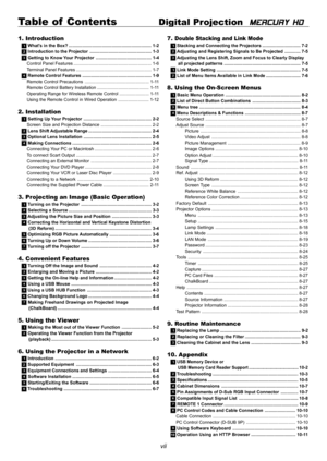Page 7vii
Table of  ContentsDigital Projection  MERCURY HD
1. Introduction
1 Whats in the Box? ...................................................................1-22 Introduction to the Projector .................................................. 1-33 Getting to Know Your Projector ............................................. 1-4
Control Panel Features ............................................................... 1-6
Terminal Panel Features ............................................................. 1-7...