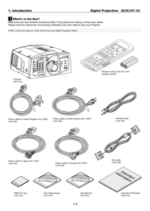 Page 101-2 1. Introduction Digital Projection   
MERCURY HD
1 Whats in the Box?
Make sure your box contains everything listed. If any pieces are missing, contact your dealer.
Please save the original box and packing materials if you ever need to ship your Projector.
NOTE: Lenses are optional. Order lenses from your Digital Projection dealer.
User Manual
(103-512)
Projector
(001-731)
ON
OFF
ENTER
CANCEL UNDOA
UTOHELP ON
TEST
ABC1DEF2GHI3JKL4MNO5PQR6STU7VWX8
0YZ/9 POWERINPUT
OFF
INFO
PIXEL
SOUNDOSD
MAGNIFY/...