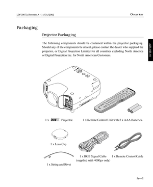 Page 15Projector Packaging
The following components should be contained within the projector packaging.
Should any of the components be absent, please contact the dealer who supplied the
projector, or Digital Projection Limited for all countries excluding North America
or Digital Projection Inc. for North American Customers.
1 x  Projector.             1 x Remote Control Unit with 2 x AAA Batteries.
1 x Lens Cap
1 x RGB Signal Cable       1 x Remote Control Cable
(supplied with 4000gv only)
1 x String and Rivet...