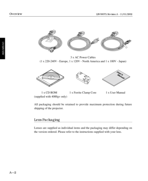 Page 163 x AC Power Cables
(1 x 220-240V - Europe, 1 x 120V - North America and 1 x 100V - Japan)
1 x CD ROM                 1 x Ferrite Clamp Core             1 x User Manual
(supplied with 4000gv only)
All packaging should be retained to provide maximum protection during future
shipping of the projector.
Lens Packaging
Lenses are supplied as individual items and the packaging may differ depending on
the version ordered. Please refer to the instructions supplied with your lens.
AÑ2
Overview
OVERVIEW
LBV00073;...