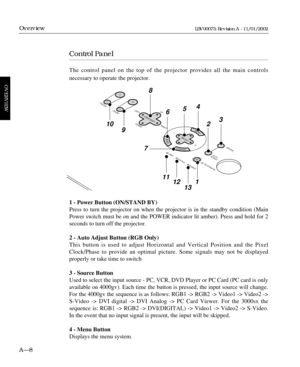 Page 22Control Panel
The control panel on the top of the projector provides all the main controls 
necessary to operate the projector.
1 - Power Button (ON/STAND BY)
Press to turn the projector on when the projector is in the standby condition (Main
Power switch must be on and the POWER indicator lit amber). Press and hold for 2
seconds to turn off the projector.
2 - Auto Adjust Button (RGB Only)
This button is used to adjust Horizontal and Vertical Position and the Pixel
Clock/Phase to provide an optimal...