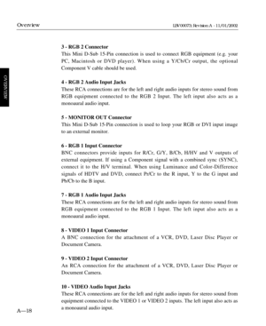 Page 323 - RGB 2 Connector
This Mini D-Sub 15-Pin connection is used to connect RGB equipment (e.g. your
PC, Macintosh or DVD player). When using a Y/Cb/Cr output, the optional
Component V cable should be used.
4 - RGB 2 Audio Input Jacks
These RCA connections are for the left and right audio inputs for stereo sound from
RGB equipment connected to the RGB 2 Input. The left input also acts as a
monoaural audio input. 
5 - MONITOR OUT Connector
This Mini D-Sub 15-Pin connection is used to loop your RGB or DVI...