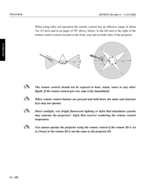 Page 34When using infra red operation the remote control has an effective range of about
7m (23 feet) and at an angle of 30¡ above, below, to the left and to the right of the
remote control sensors located at the front, rear and on both sides of the projector.
The remote control should not be exposed to heat, steam, water or any other 
liquid. If the remote control gets wet, wipe it dry immediately. 
When remote control buttons are pressed and held down the main unit function
keys may not operate.
Direct...