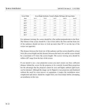 Page 38For optimum viewing, the screen should be a flat surface perpendicular to the floor.
The bottom of the screen should be 1.2m (4 feet) above the floor and the front row
of the audience should not have to look up more than 30¡ to see the top of the
screen (see opposite).
The distance between the front row of the audience and the screen should be at least
twice the screen height and the distance between the back row and the screen should
be a maximum of 8 times the screen height. The screen viewing area...