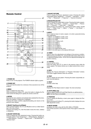 Page 12E – 6
ENTER
CANCEL UNDOAUTOHELP ON
TEST
ABC1DEF2GHI3
JKL4MNO5PQR6
STU7VWX8
0YZ /9 POWER INPUT
OFF
INFO
PIXEL SOUNDOSD
MAGNIFY/
CTL
FOCUS  +
-
ZOOM  +
MENU/ADDRESS
IMAGE/PROJECTOR
POSI/LENS
KEY ST./
ON
OFF
RE-LIST/ PICTURE
ADJUST
WHITE BAL.
BAMP/G
PICT/SHUT
-
MUTE
2
13
28
8
7
6
22
21
15
17
16
3
10
11
262
7
9
23
14
12
19
18
20
5
4
25
24 1
Remote Control
1 POWER ON
Press to turn on the projector. The POWER indicator lights up green.
2 POWER OFF
Press and hold this button for a minimum of two seconds to turn...