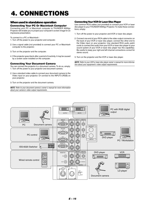 Page 22E – 16
When used in standalone operation
Connecting Your PC Or Macintosh Computer
Connecting your PC or Macintosh computer to THUNDER 9000gv
Projector will enable you to project your computers screen image for an
impressive presentation.
To connect to a PC or Macintosh :
1. Turn off the power to your projector and computer.
2. Use a signal cable (not provided) to connect your PC or Macintosh
computer to the projector.
3. Turn on the projector and the computer.
4. If the projector goes blank after a...