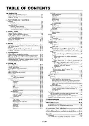 Page 6E – vi
TABLE OF CONTENTS
Video Adj........................................................................ E-31
Noise Reduction....................................................... E-31
Color Matrix .............................................................E-32
Y/C Delay.................................................................E-32
Telecine.................................................................... E-32
Motion Select ........................................................... E-32...