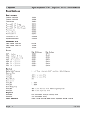 Page 104Page 7.4 July 2007
7. Appendix Digital Projection TITAN 1080p-500, 1080p-250 User Manual
Speciﬁ cations
Part numbers
Projector, 1080p-500  106-241
Projector, 1080p-250  106-242
Rigging frame  104-923
Power cable 10A, Europe  102-163
Power cable 13A, North America  102-165
Power cable 10A, United Kingdom  102-180
Remote control  105-023
4x AAA  batteries  105-922
Remote cable 5m  102-162
User manual on CD  105-923D
Important Information  105-924C
Replacement parts
Lamp module, 1080p-500  001-742
Lamp...