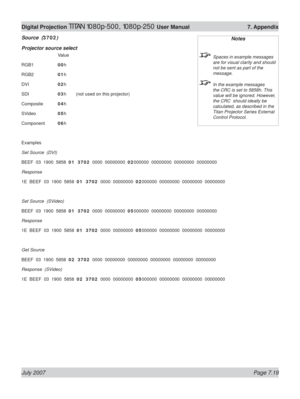 Page 119July 2007 Page 7.19
Digital Projection TITAN 1080p-500, 1080p-250 User Manual  7. Appendix
Source  (3702)
Projector source select
  Value
RGB1  00h
RGB2  01h
DVI  02h
SDI  03h  (not used on this projector)
Composite 04h
SVideo  05h
Component 06h
Examples
Set Source  (DVI)
BEEF  03  1900  5858  01  3702  0000  00000000  02000000  00000000  00000000  00000000
Response  
1E  BEEF  03  1900  5858  01  3702  0000  00000000  02000000  00000000  00000000  00000000
Set Source  (SVideo)
BEEF  03  1900  5858  01...