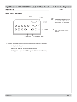 Page 53July 2007 Page 4.7
Digital Projection TITAN 1080p-500, 1080p-250 User Manual  4. Controlling the projector
Indicators
Input status indicators
The indicator next to each input connector on the input panel will light as follows:
 off = input not selected
 green = input selected, signal detected and in range
 ﬂ ashing green  = input selected, but signal not detected or out of range
Notes
  There are more indicators on 
the Control panel, and these are 
described on the next page.
  Input 4. is not used on...