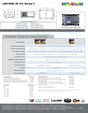 Page 21 Based on 4-6 hour/day operational profile.  Venue and application condit\
ions may impact actual lamp life.
  See Digital Projection’s Product Warranty Statement for details on la\
mp warranty.
Lenses          HB Part #0.67:1   105-607 
1.12:1      105-608 
1.12:1 (short)     105-609
1.16-1.49:1    109-236
1.39 - 1.87:1     105-610
1.87 - 2.56:1     105-611
2.56 - 4.16:1     105-612
4.16 - 6.96:1     105-613
6.92-10.36:1     109-235
Native Color Temperature
HDTV Formats Supported
Scan Rates Supported...