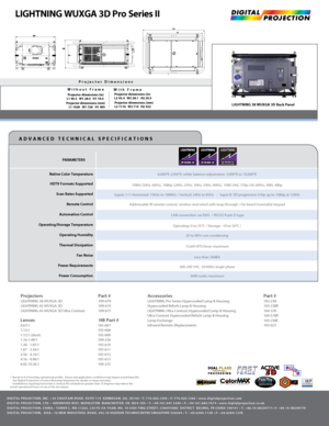 Page 21 Based on 4-6 hour/day operational profile.  Venue and application condit\
ions may impact actual lamp life.
  See Digital Projection’s Product Warranty Statement for details on la\
mp warranty.
  Installations requiring horizontal or vertical tilt orientations greater\
 than 15 degrees may reduce the      
actual operational hours of one of the two lamps.
Native Color Temperature
HDTV Formats Supported
Scan Rates Supported Remote Control
Automation Control
Operating/Storage Temperature Operating...