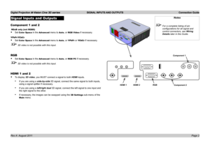 Page 4
Digital Projection M-Vision Cine 3D series  SIGNAL INPUTS AND OUTPUTS  Connection Guide
Page 2Rev A  August 2011
Signal Inputs and Outputs
Component 1 and 2
 RGsB only (not RGBS)
Set.Color Space.in.the.Advanced.menu.to.Auto,.or.RGB Video.if.necessary.
YPbPr/YCbCr
Set.Color Space.in.the.Advanced.menu.to.Auto,.or.YPbPr.or.YCbCr.if.necessary.
 3D video is not possible with this input.
RGB
Set.Color Space.in.the.Advanced.menu.to.Auto,.or.RGB PC.if.necessary.
 3D video is not possible with this input.
HDMI 1...