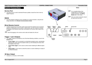 Page 8
Digital Projection M-Vision Cine 3D series  CONTROL CONNECTIONS  Connection Guide
Page Rev A  August 2011
Control Connections
Ser vice Port
The.Service.Port.is.used.to.download.firmware.updates,.issued.from.time.to.time.by.
Digital.Projection.
RS232
All.of.the.projector’s.features.can.be.controlled.via.a.serial.connection,.using.the.text.
strings.described.in.the.Remote Communications Guide.
Wired Remote Control...
