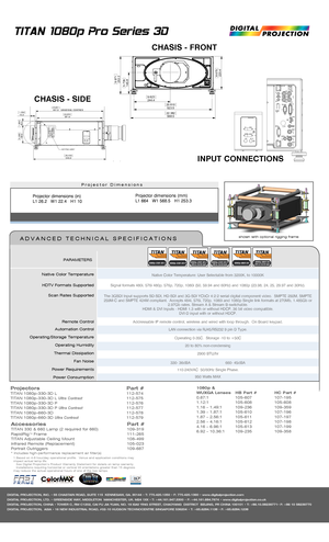 Page 2Native Color Temperature
HDTV Formats Supported
Scan Rates Supported
Remote Control
Automation Control
Operating/Storage Temperature
Operating Humidity
Thermal Dissipation 
Fan Noise
Power Requirements
Power Consumption
PARAMETERS
Projectors    Part #TITAN 1080p-330-3D L     112-574TITAN 1080p-330-3D L Ultra Contrast     112-575TITAN 1080p-330-3D P     112-576TITAN 1080p-330-3D P Ultra Contrast     112-577TITAN 1080p-660-3D     112-578TITAN 1080p-660-3D Ultra Contrast     112-579
Accessories     Part...