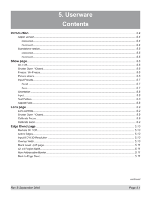 Page 115
Rev B September 2010 Page 5.1
5. Userware
continued
Contents
Introduction ..........................................................................................................................................5.4
Applet version...................................................................................................................................5.4
Disconnect...