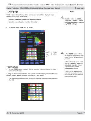 Page 131
Rev B September 2010 Page 5.17
Digital Projection TITAN 1080p 3D, Dual 3D. Ultra Contrast User Manual 5. Userware

 For important information about how Input 8 is used, see INPUT 8 in the Notes column, and also Section	4, 	Overview.

TCGD page
TCGD - Target Colour Gamut Data - can be used to match the display to a pre-
defined colour gamut, for example:
to match the MCGD values from another projector
to	match	a	specification	from	the	film	maker
To see the TCGD page, click on TCGD.
TCGD values
To enter...