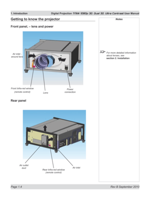 Page 22
Page 1.4  Rev B September 2010
1. Introduction  Digital Projection TITAN 1080p 3D, Dual 3D. Ultra Contrast User Manual

Getting to know the projector
Front panel, – lens and power
Notes
 For more detailed information 
about lenses, see 
section 2. Installation
Rear panel
Rear Infra-red window 
(remote control)
Power 
connectionLens
Air inlet - 
around lens
Front Infra-red window
(remote control)
Air inletAir outlet 
duct 
