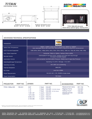 Page 2DIGITAL PROJECTION, INC. • 55 CHASTAIN ROAD. SUITE 115. KENNESAW. GA. 30144 • P-770.420.1350 • F-770.420.1360 • www.digitalprojection.com
DIGITAL PROJECTION, LTD. • GREENSIDE WAY. MIDDLETON. MANCHESTER. UK. M24 IXX • P-+44.161.947.3300 • F-+44.161.684.7674 • www.digitalprojection.co.uk
Native Color Temperature
HDTV Formats Supported
Scan Rates Supported
Remote Control
Automation Control
Operating/Storage Temperature
Operating Humidity
Thermal Dissipation 
Fan Noise
Power Requirements
Power Consumption...