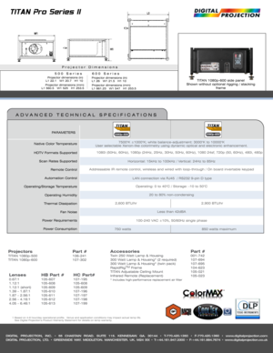 Page 2DIGITAL PROJECTION, INC. • 55 CHASTAIN ROAD. SUITE 115. KENNESAW. GA. 30144 • T-770.420.1350 • F-770.420.1360 • www.digitalprojection.com
DIGITAL PROJECTION, LTD. • GREENSIDE WAY. MIDDLETON. MANCHESTER. UK. M24 IXX • T-+44.161.947.3300 • F-+44.161.684.7674 • www.digitalprojection.co.uk
Projectors Part #TITAN 1080p-500 106-241
TITAN 1080p-600 107-302
1 Based on 4-6 hour/day operational profile.  Venue and application conditions may impact actual lamp life.
See Digital Projection’s Product Warranty...