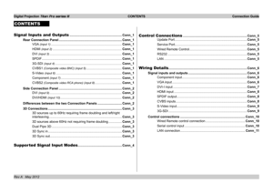 Page 17
Digital Projection Titan Pro series III  CONTENTS  Connection Guide
Rev A   May 2012
CONTENTS
Signal Inputs and Outputs ..........................................................Conn_1
Rear Connection Panel ......................................................................Conn_1
VGA (input 1)  ........................................................................\
...............Conn_1
HDMI (input 2)  ........................................................................\
.............Conn_1
DVI...