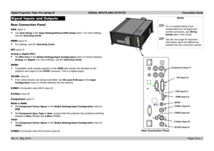 Page 18
Digital Projection Titan Pro series III  SIGNAL INPUTS AND OUTPUTS  Connection Guide
Page Conn_1Rev A   May 2012
Signal Inputs and Outputs
Rear Connection Panel
VGA (input 1)
Use Auto Setup in the Input Settings/Picture/VGA Setup menu. For more settings, 
see the Operating Guide.
HDMI (input 2)
For settings, see the Operating Guide.
DVI (input 3)
Analog or Digital DVI-I
Set DVI-I Port in the Global Settings/Input Configuration menu to choose between 
Analog and Digital. For more settings, see the...