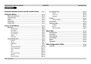 Page 30
Digital Projection Titan Pro series III  CONTENTS  Operating Guide
Rev A   May 2012
CONTENTS
Using the Remote Control and the Control Panel ..........Op_1
Using the Menus  ........................................................................\
............Op_2
Menus and sub-menus  ........................................................................\
..Op_2
Drop-down lists ........................................................................\
..............Op_2
Sliders...