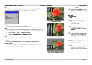 Page 39
Digital Projection Titan Pro series III  A TOUR OF THE MENUS  Operating Guide
Page Op_9Rev A   May 2012
Notes
 See also Using the Menus, earlier 
in this guide and Menu Map, later in 
this guide.
Main MenuGlobal SettingsPIP
 This menu is available only when 
Configuration in the Projector 
menu is set to PIP.
 PIP, PAP and POP are NOT 
possible when Input is set to Test 
Pattern.
 In these examples, the flower is the 
main image, and the window is the 
sub-image, shown at the Medium 
size setting.
 The...